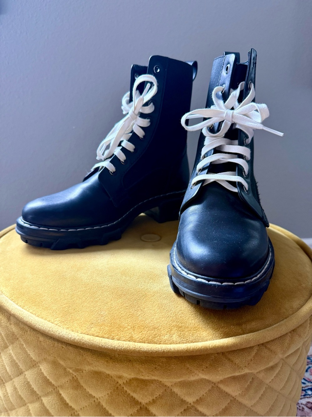 rag & bone Black Leather Combat Boots with White Laces